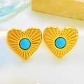 Vintage hartvormige goudkleurige oorbellen met turkoois steen en radiale textuur - Blauw Hart Stijl (Z-525) / Stud oorbellen