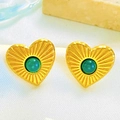 Retro gouden hart oorknopjes met groene steeninleg en gestructureerde radiale gravure - Groen Hart Stijl (Z-527) / Stud oorbellen