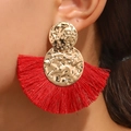 Pendientes vintage con disco dorado texturizado y borlas de seda roja para mujer - Oro KC / Rojo