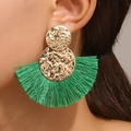 Pendientes bohemios dorados con grandes borlas de flecos de seda verde en abanico - Oro KC / Verde
