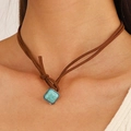 Bohemian turquoise choker necklace featuring double brown cord and square stone pendant - Brown Knotted Square Turquoise Style (古银 G-608)