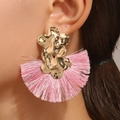 Pendientes de flor dorada con borlas de seda rosa en forma de abanico estilo - Oro KC / Rosa