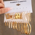Golden geometric earring set with hoops and pearls on a white display card pack - Geometric Gold Hoop Artificial Pearl Accessory Group (5643201)