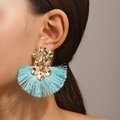 Pendientes de abanico dorados con flecos largos de seda azul cielo estilo bohemio chic - Oro KC / Azul