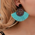 Pendientes bohemios en forma de abanico con borlas turquesas y pedrería de colores vivos - Azul claro
