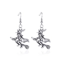 Vintage silver witch on broom earrings with hook closure for Halloween costume jewelry - Witch