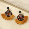 Pendientes bohemios de abanico en negro mate con flecos de color amarillo vivo - Marrón