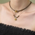 Close-up of double-layered necklace set with tiger eye pendants and brown wax cord - Layered Tiger Eye Necklace Set (WG-1194+DZ-746)