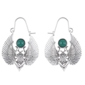 Vintage Egyptian moth wing earrings with silver finish and green round gemstones - Antique Silver