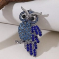 Elegant owl brooch pin with blue rhinestones and silver metal finish for women - Colorful Owl
