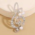 Elegant silver treble clef music brooch with white pearls and sparkling rhinestones - Silver Music Note