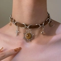 Brown leather choker with silver sun and moon charms and amber bead accents - Silver (6273)