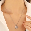 Silver vintage sun and moon pendant necklace with opal gemstone worn on neck - Silver Sun Moon Artificial Opal Style (X144)
