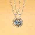 Magnetic sun and moon couple necklaces in silver finish with blue zircon accents - Sun Moon Magnetic Style (5367)
