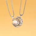 Silver couple necklace set featuring moon and star pendants with iridescent beads - Moonstone Look Magnetic Style (10427)