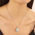 Vintage stainless steel beaded chain necklace with turquoise stone pendant on model - Steel Color Hammered Oval Turquoise Style (钢色 N-564)