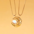 Golden sun and moon magnetic couple necklaces with iridescent bead and polished finish - Moonstone Look Magnetic Style (8824)