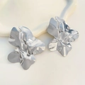 Modern abstract geometric silver metallic flower studs with polished mirror finish - White Gold Color (7430)