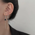 Elegante lange Ohrringe mit Silberkette und zwei schwarzen Herzanhängern für Damen - Schwarzes Herz Stil (9227) / Silber
