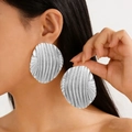 Chic silver-toned irregular oval geometric earrings with deep striped metal texture - White Gold Color (12392)