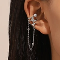 Silberne Schmetterling-Ohrklemme mit Zirkon, Perle und langer Quastenkette für Damen - Schmetterling Perle Stil (8219) / Palladium Weiß