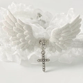 Detailed view of white gothic lace choker with angel wings and shimmering cross pendant - White Choker (K-296)
