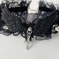 Detail of gothic black lace choker with silver spikes and a rhinestone cross pendant - Black Choker (K-264)