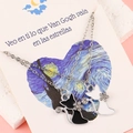Cat couple necklaces with Van Gogh Starry Night card and shimmering rhinestone details - Black & White Cat Style (01 White K10247)