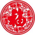 Traditional red Chinese Fu character window sticker with peach and plum blossom design - Red Round Longevity Fu Style (XL6303A)
