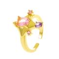 Adjustable golden ring featuring a pink rectangular zircon and star setting stones - Star Open Ring / Gold Four-Pointed Star (DZ-660)