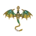 Vintage gold dragon brooch with green enamel wings and sparkling blue rhinestones - Antique Gold Light Green (10630)