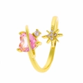 Adjustable gold plated open ring with pink heart zircon and sparkling star detail - Gold - Pink Heart Star