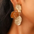 Chic oversized gold petal earrings with hammered metal texture for a vintage statement look - Gold Three Segment Crumpled Earrings (N-717)