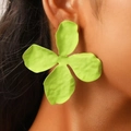 Matte neon green large flower earrings in alloy metal shown on model's ear - Neon Green Floral Design (N-718)