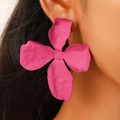 Bohemian style matte rose pink four-petal flower earrings worn by a model - Magenta Matte Four-petal Flower (N-719)