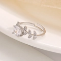 Elegant moissanite laurel leaf open ring with round clear zircon in silver finish - Adjustable Open Design / Silver Tone (Copper)