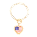 Golden American flag heart bracelet with paperclip chain and OT toggle clasp - Lace Heart Style (N-935) / Gold