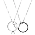 Detail view of magnetic heart couple necklaces with silver ring and black ring pendant - Bright Black and White K Style (7320)