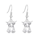 Detail of silver highland cow earrings featuring textured fur and metal fish hooks - Earring Hook (X004) / Silver