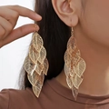 Statement layered golden leaf drop earrings with intricate hollow design and hook closure - Gold Multi-layer Leaf Style (8595)