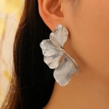 Artistic silver oversized petal stud earrings with brushed metallic texture for women - Silver Brushed Texture Petal