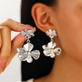 Vintage silver double flower drop earrings with textured metallic petals in retro style - Double Layer Staggered Petal (N-1013)