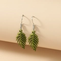 Retro leaf drop earrings in grass green finish with silver hook and tropical plant texture - Green Natural Style (2268)