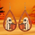 Ξύλινα σκουλαρίκια Halloween με φάντασμα και κολοκύθα σε σχήμα δακρύου - Φάντασμα (N-283)