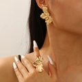 Golden irregular vintage leaf earrings and ring set with textured metallic finish - Pleated Petal Earrings + Ring Set (2 Pieces) / Two-Piece Set