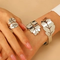 Detailed view of silver leaf pattern ring and cuff bracelet set with polished finish - Silver Leaf Bracelet And Ring Set (04)