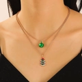 Double-layered Christmas necklace with green bell and colorful enamel tree pendants - Christmas Tree Style (N-1121) / KC Gold