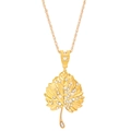 Collar con colgante de hoja con brillantes pedrería en cadena de cordón dorado - Chapado en Oro (DZ-653 Cadena de Cuerda)