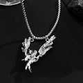 Close-up of vintage silver gothic pendant with asymmetric angel wings and box chain - Antique Silver Double Wing Angel (2307)