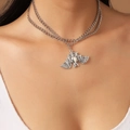 Detail of silver layered necklace with a textured bat pendant for gothic halloween style - Double Layer Bat Style / Antique Silver S55